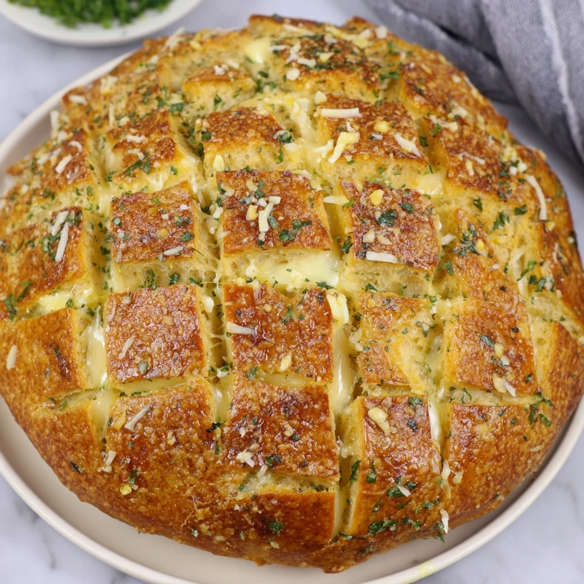 A close-up shot of the cheesy, fragrant garlic pull-apart bread, perfectly cross-hatched, oozing with cheese.