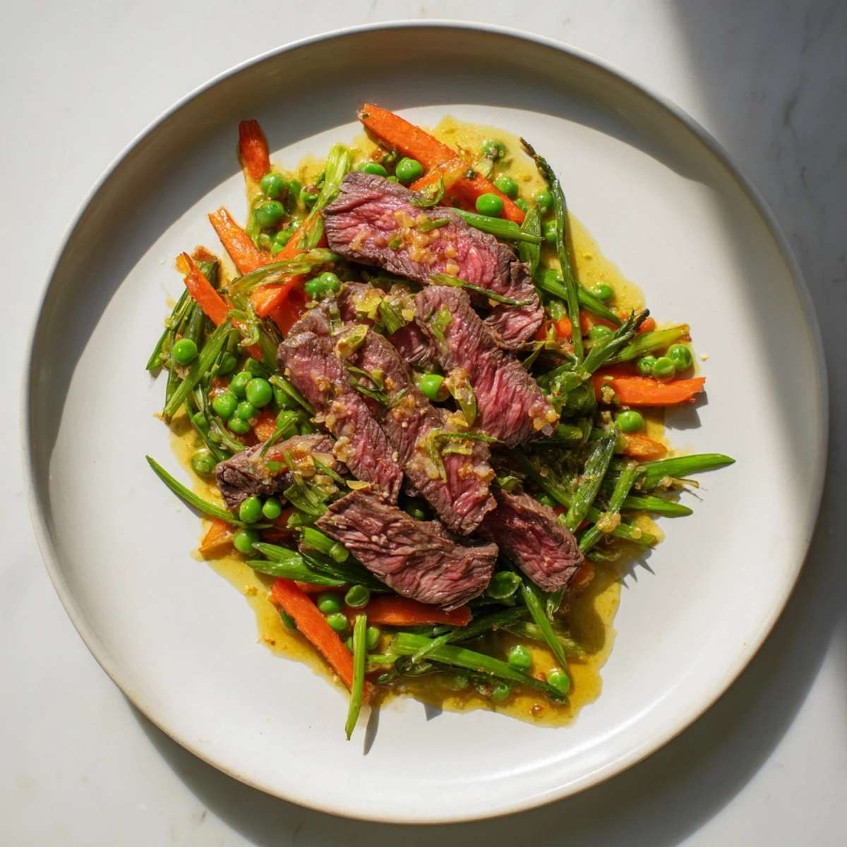 Vibrant Skillet Beef Stir-Fry: Tender beef strips with crisp snap peas in a savory sauce.