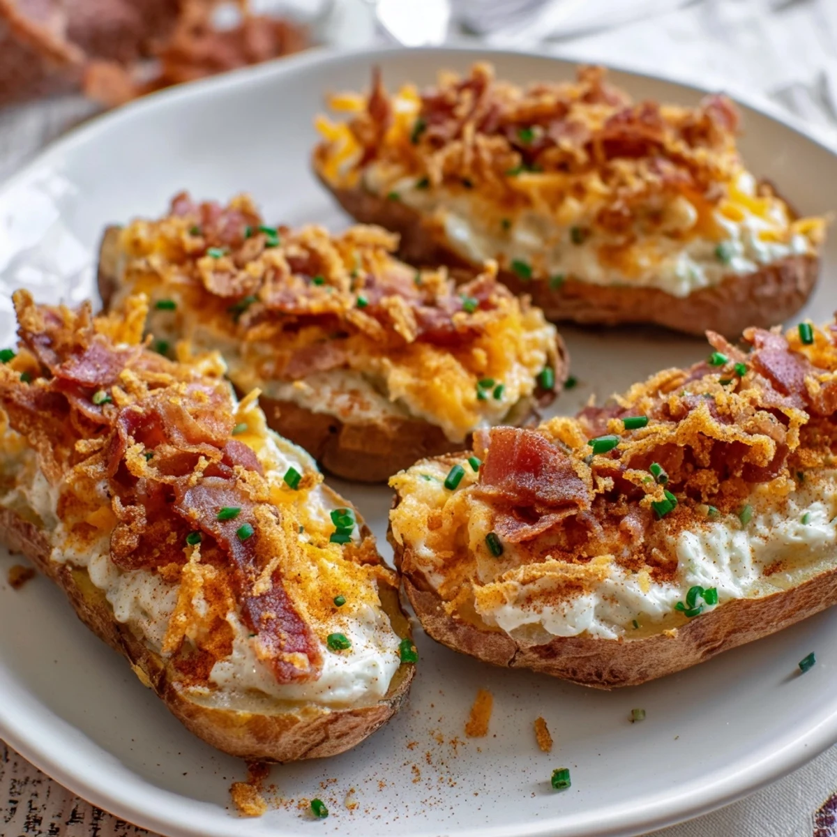 Delicious and cheesy Loaded Sweet Potato Skins with a generous topping of crumbled bacon and chives.