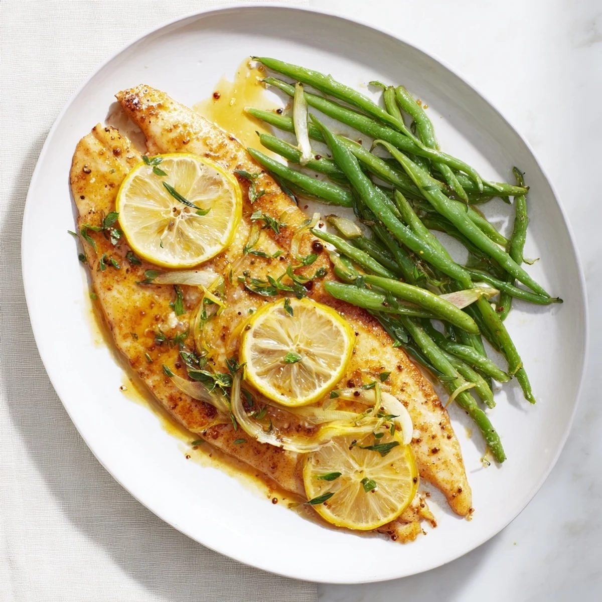 Golden, flaky Sheet Pan Lemon Herb Tilapia and Green Beans, perfectly paired with tender, green, roasted vegetables.
