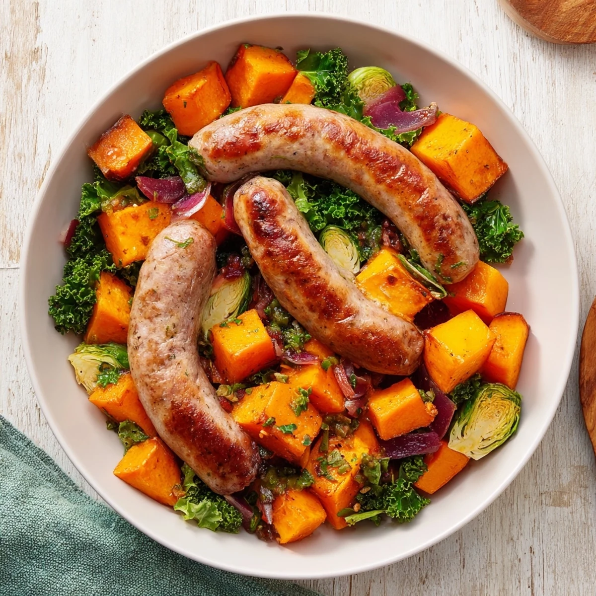Golden brown sheet pan sausage and autumn veggie medley, a hearty fall dinner brimming with fresh flavors.