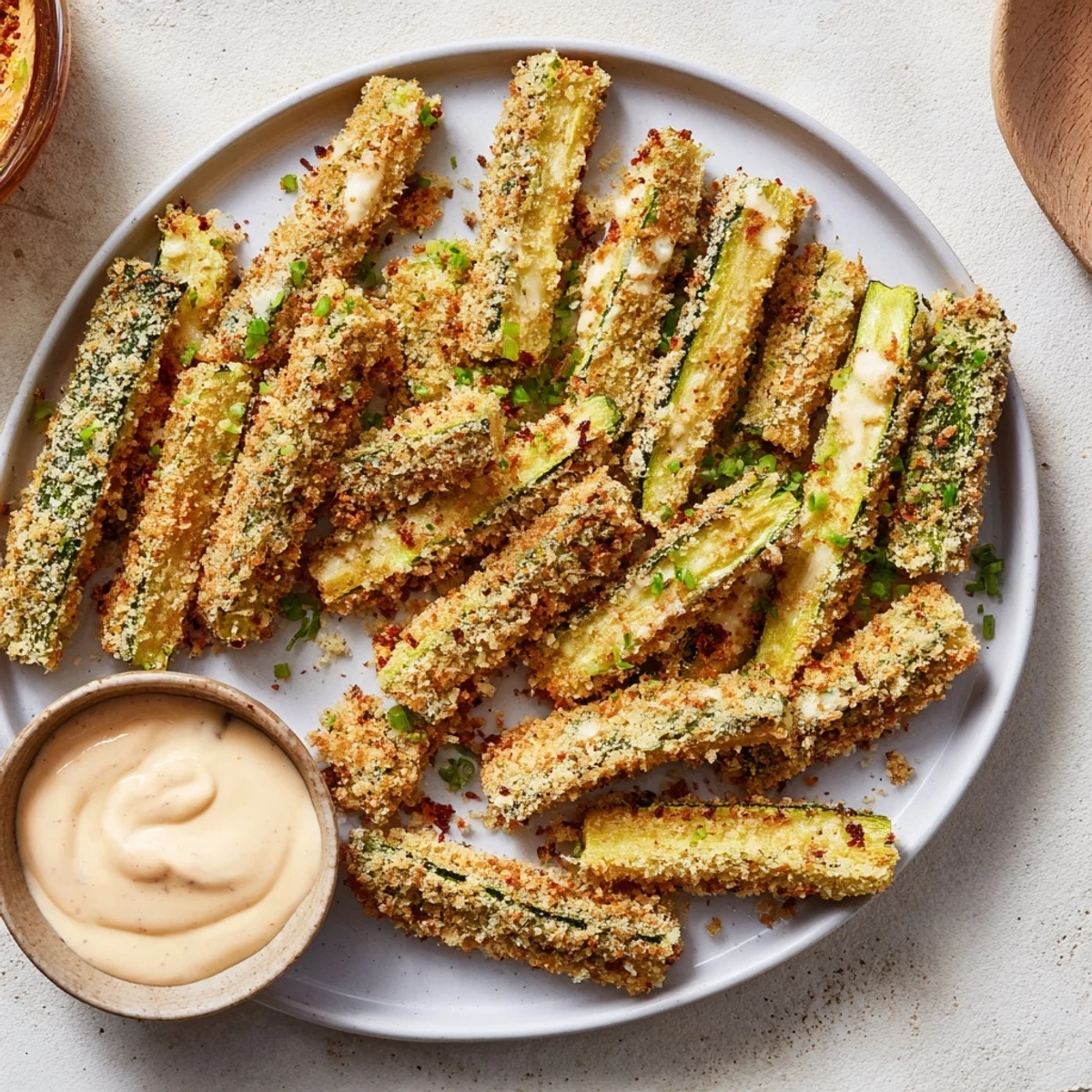 Close-up of baked, crispy Parmesan Zucchini Fries with a delicious, zesty dipping sauce for sharing.
