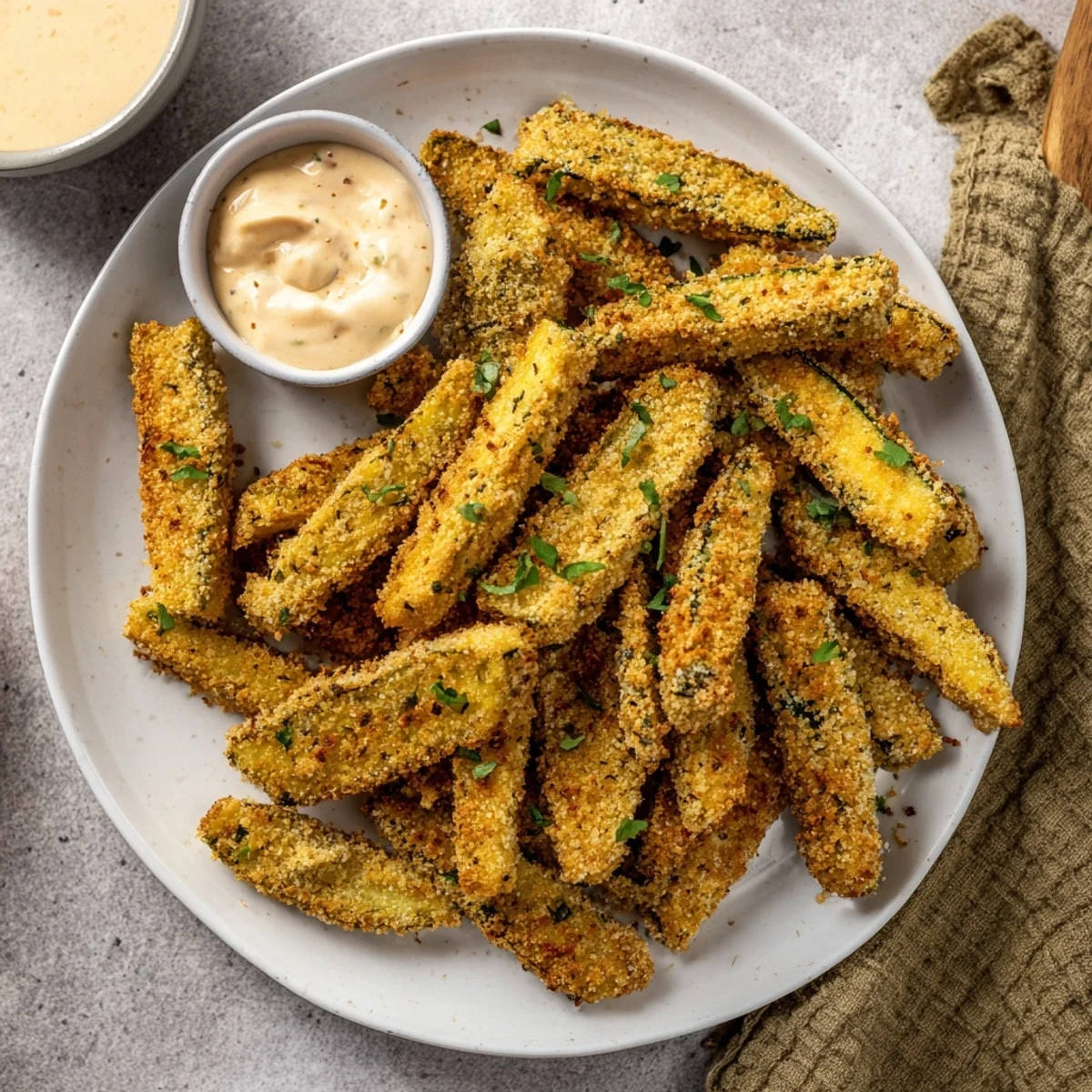 Golden-brown Crispy Parmesan Zucchini Fries stacked next to creamy, herb-flecked dipping sauce.