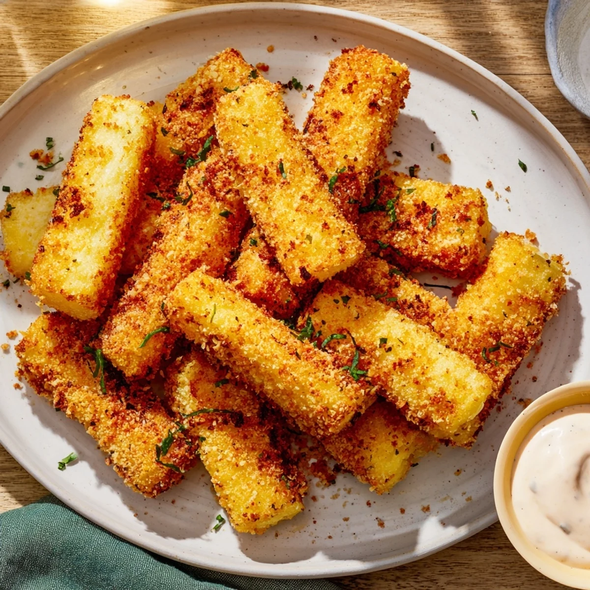 Freshly made Crispy Parmesan Zucchini Fries, a vegetarian appetizer, ready to dip and enjoy right now!