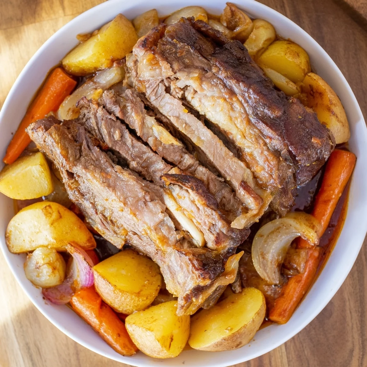 Tender Slow-Roasted Beef Pot Roast, fork-tender, with carrots, potatoes, and onions, perfect for a family feast.