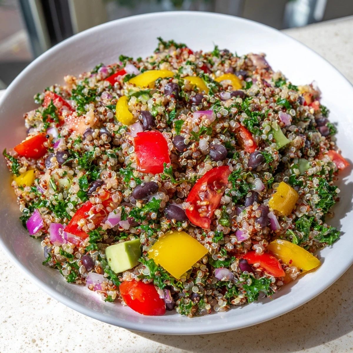 Fluffy quinoa and black bean salad with lime, colorful veggies, and a zesty, bright dressing.