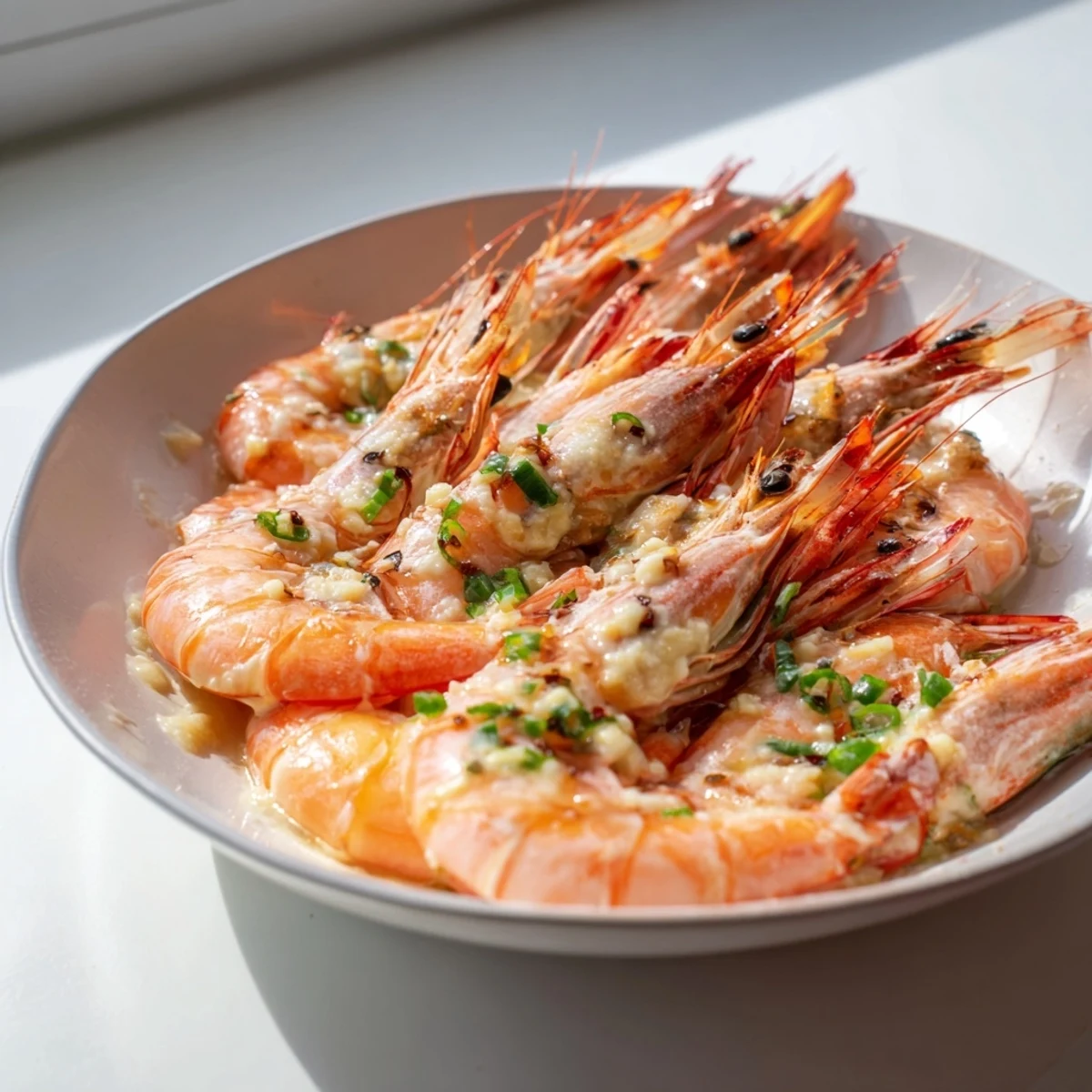 Creamy garlic shrimp glistening on a plate, rich sauce ready to be scooped up with bread.