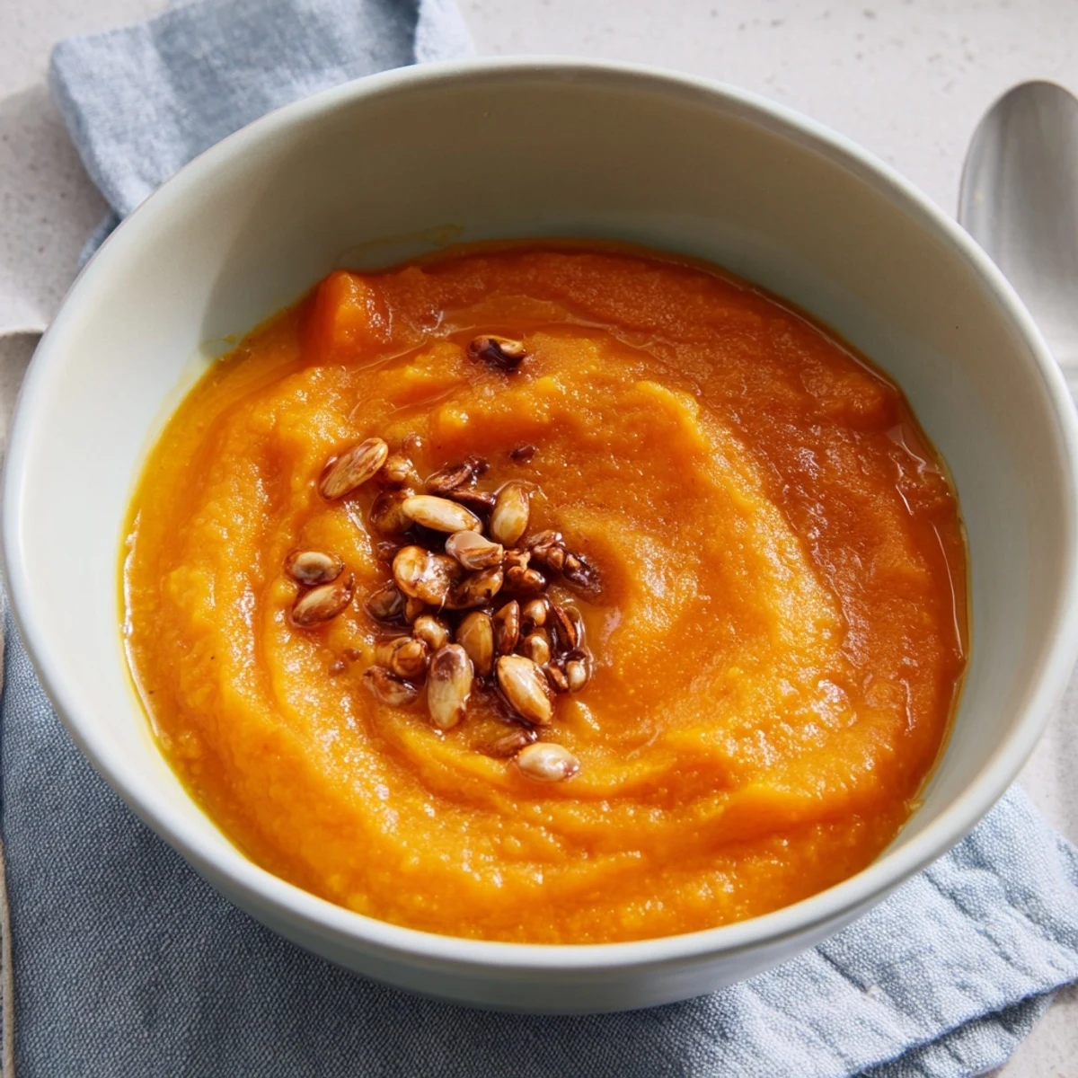 Golden bowls of Creamy Roasted Pumpkin Soup, topped with crunchy toasted seeds, ready to serve.