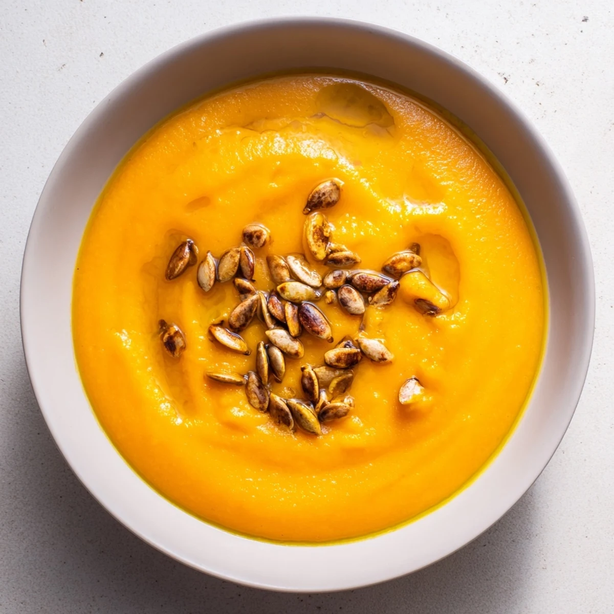 A simmering pot of Creamy Roasted Pumpkin Soup, a rich orange color, with a garnish of seeds.