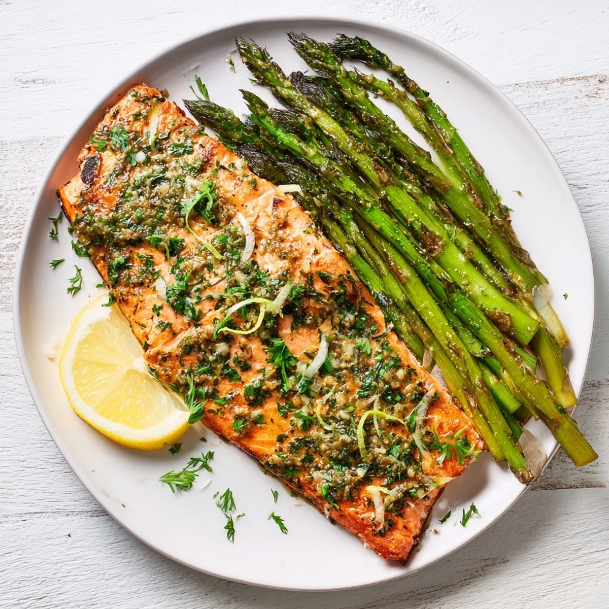 Easy Herb-Crusted Salmon with Asparagus, glistening and baked, offers a flavorful and healthy dinner.