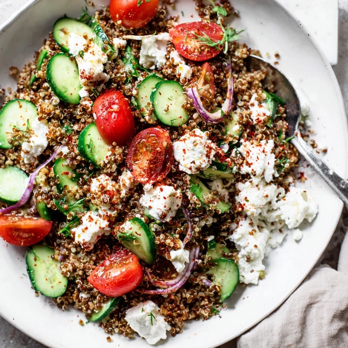 Image shows a Mediterranean Grain Bowl with fluffy grains, chickpeas, and a sprinkle of feta cheese.