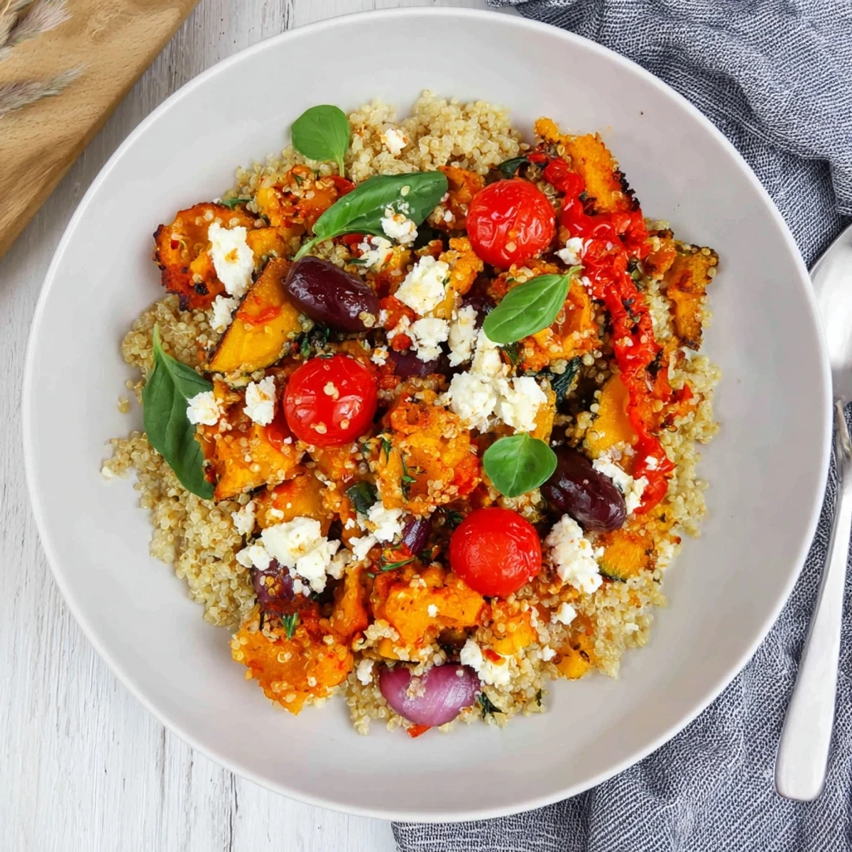 Close-up of a vibrant Mediterranean Grain Bowl featuring roasted chickpeas, vegetables, and creamy feta.