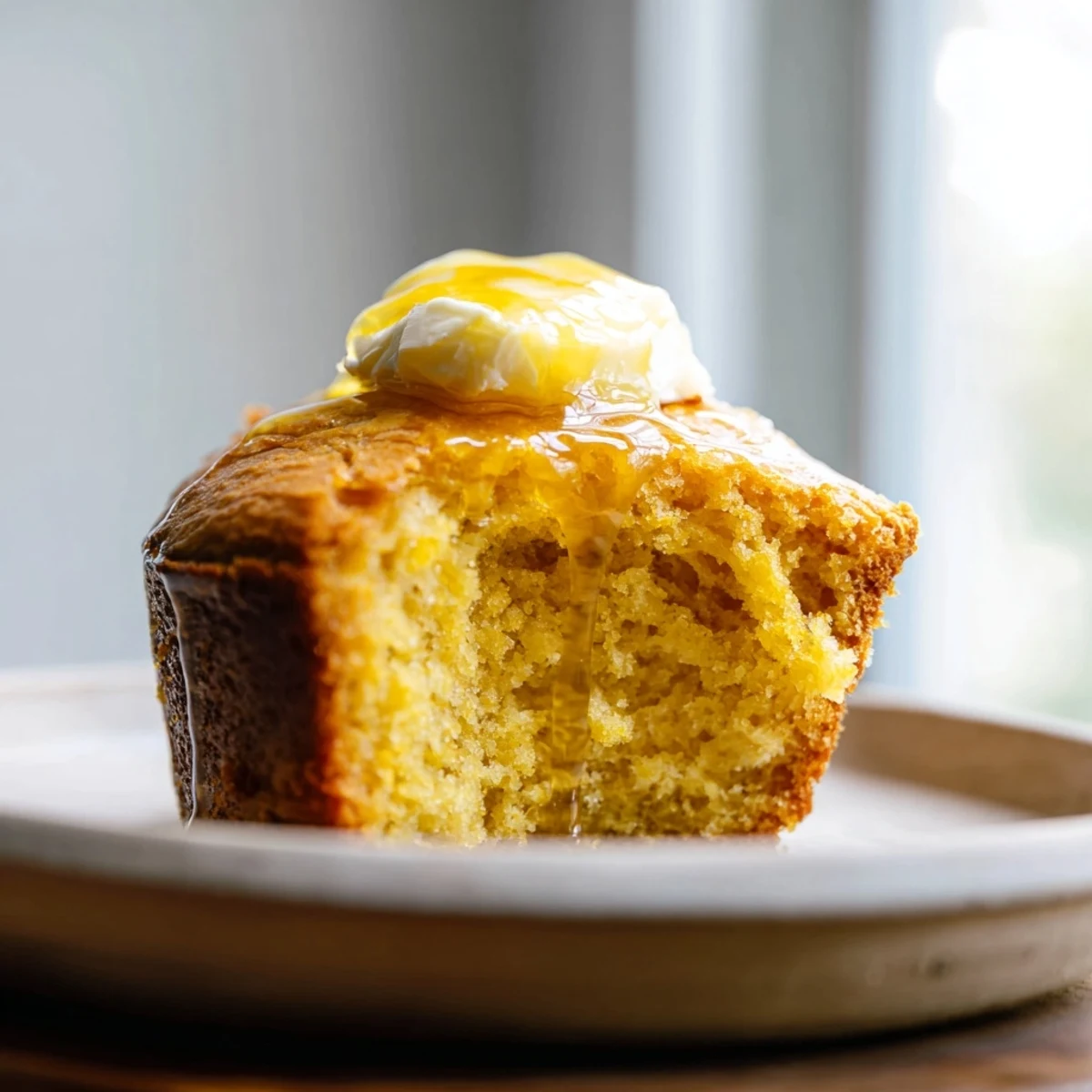 Golden-brown Quick Skillet Cornbread glistening under the sweet, sticky honey butter glaze, ready to serve warm.