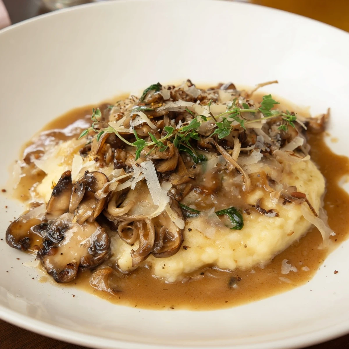 Golden brown One-Dish Creamy Mushroom and Spinach Gnocchi, ready to serve with extra Parmesan cheese.