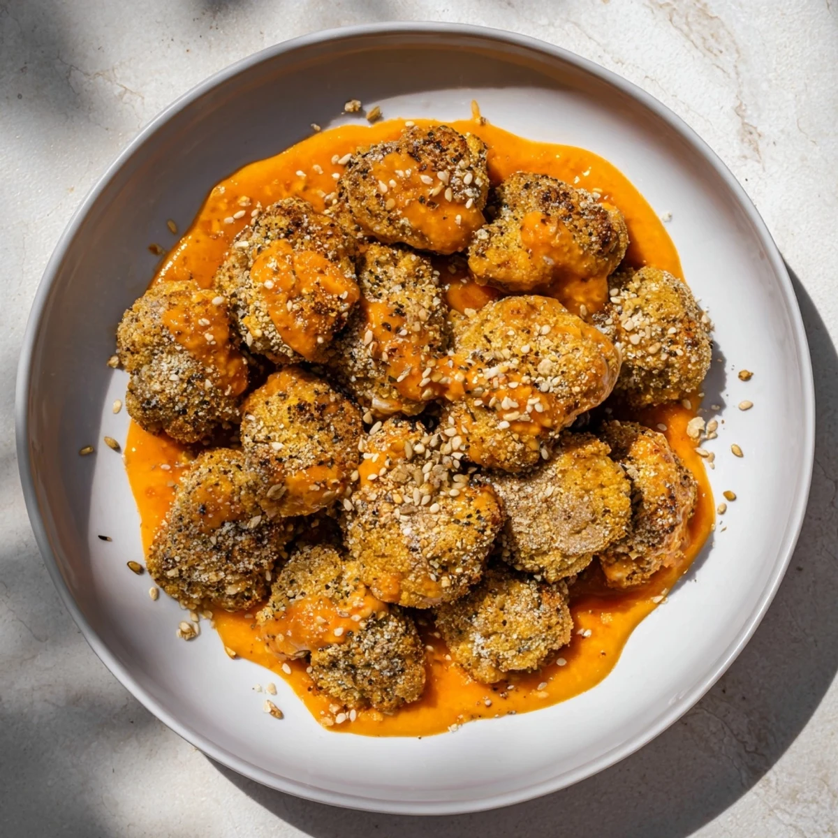 Golden, crispy Air-Fryer Buffalo Cauliflower Bites ready to be dipped, perfect snack for any party.