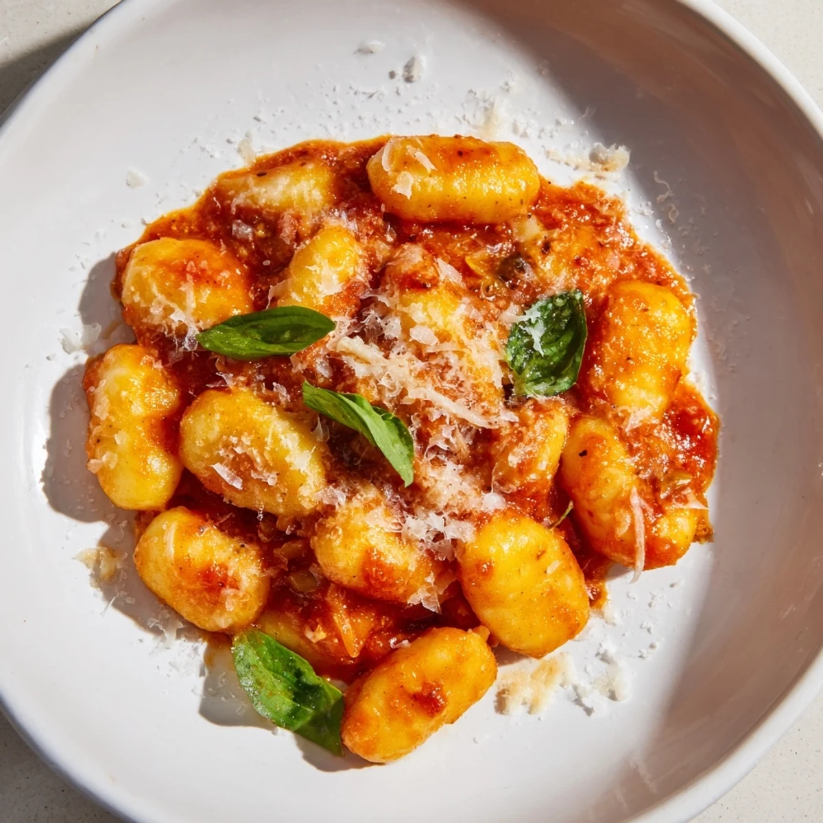 Creamy tomato gnocchi glistening with Parmesan, served hot, a comforting Italian dinner.