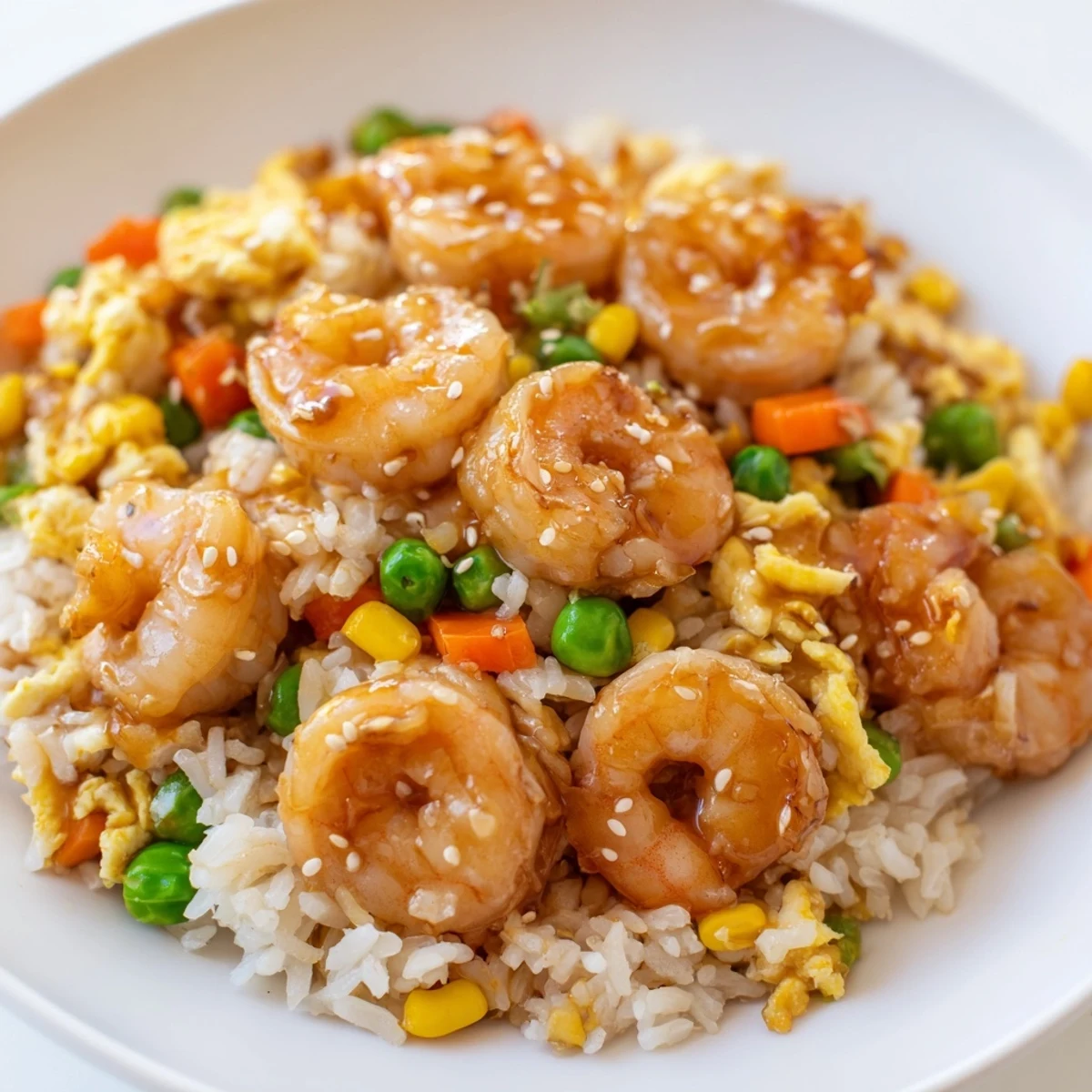 Steaming hot shrimp fried rice, a quick and easy main dish, loaded with fresh veggies.