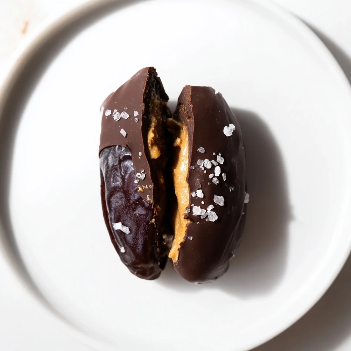 Creamy peanut butter-filled Chocolate Peanut Butter Dates, drizzled with sea salt, ready to satisfy.
