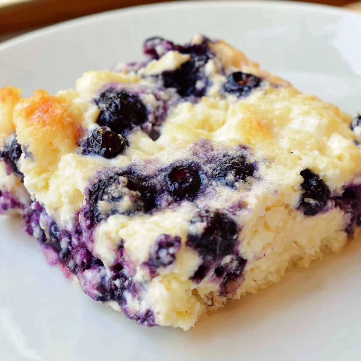 Fluffy Blueberry Cottage Cheese Bake, baked golden brown with juicy blueberries visible throughout.