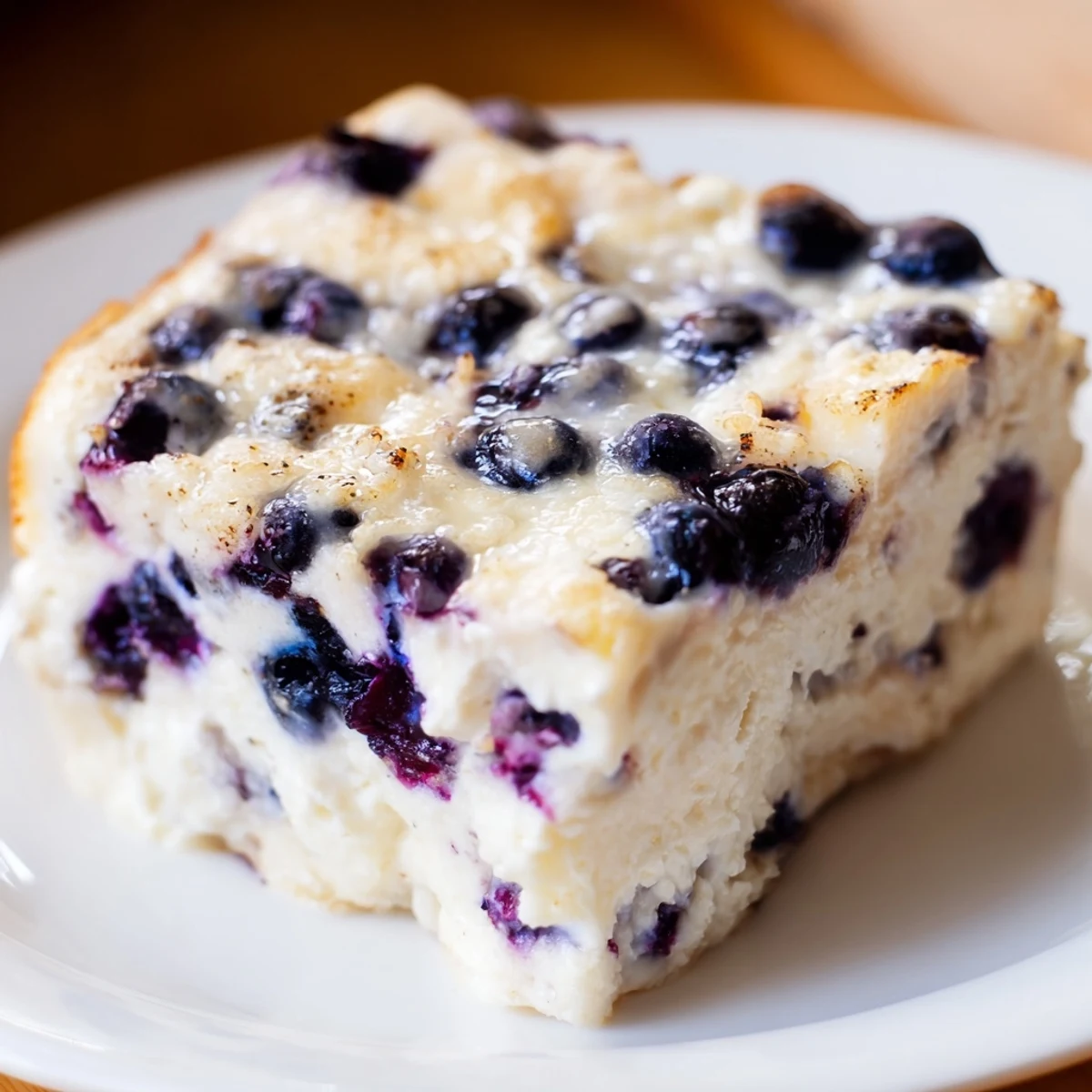 A slice of warm Blueberry Cottage Cheese Bake, perfect for a high-protein, delicious breakfast.