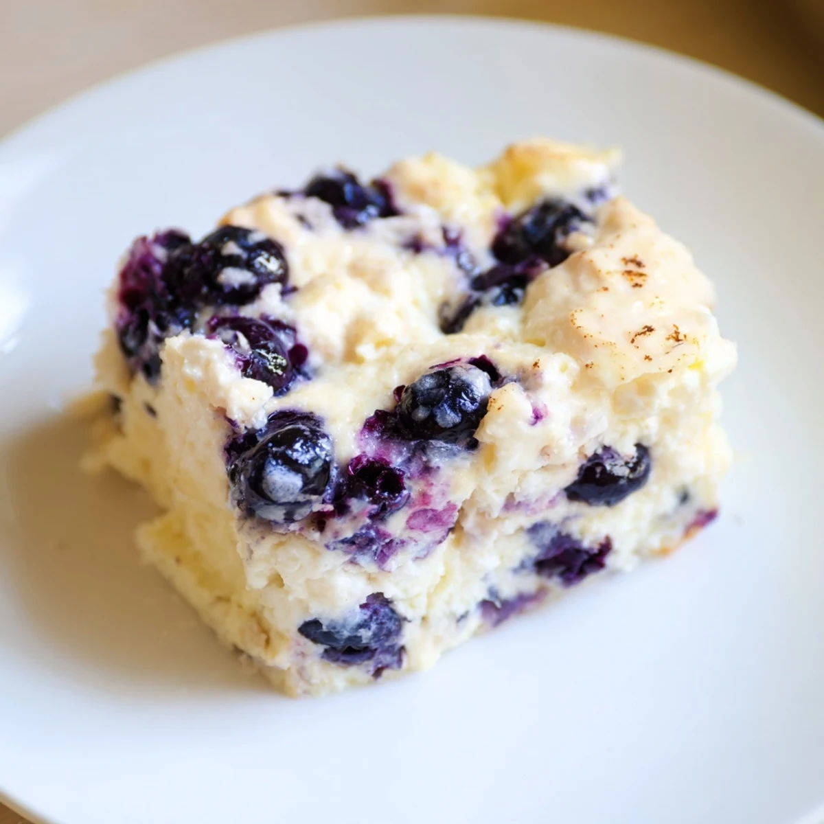 Close-up of a bubbling Blueberry Cottage Cheese Bake, featuring a sprinkle of fresh blueberries.