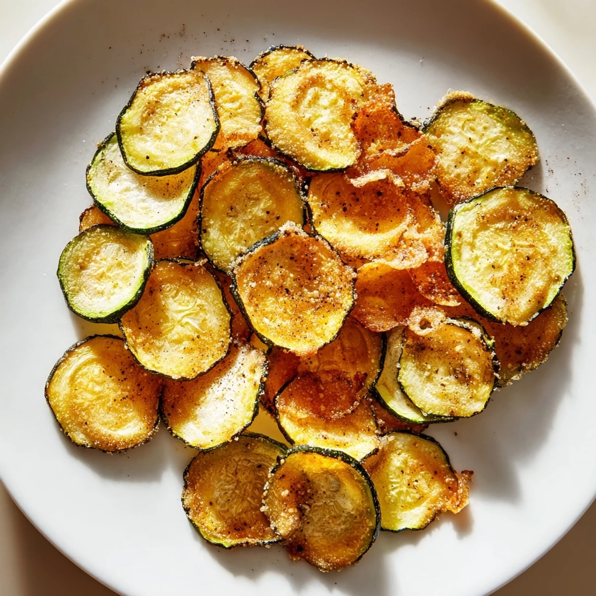 A close-up shot of perfectly baked crispy zucchini chips, ready to enjoy with family.