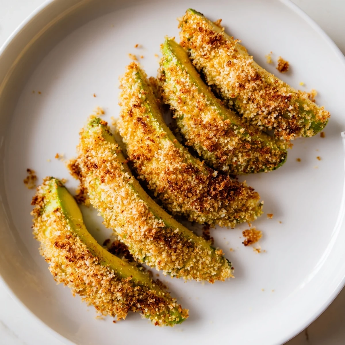 Oven-baked to perfection: imagine these golden, delectable crispy avocado fries served warm.