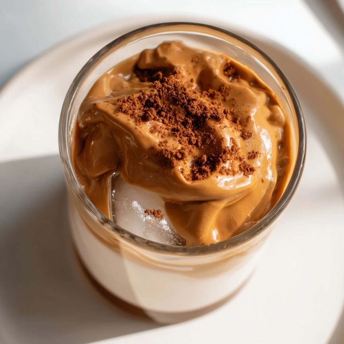 Fluffy brown sugar Dalgona latte, showcasing the whipped coffee's rich, caramel hue over cold milk.