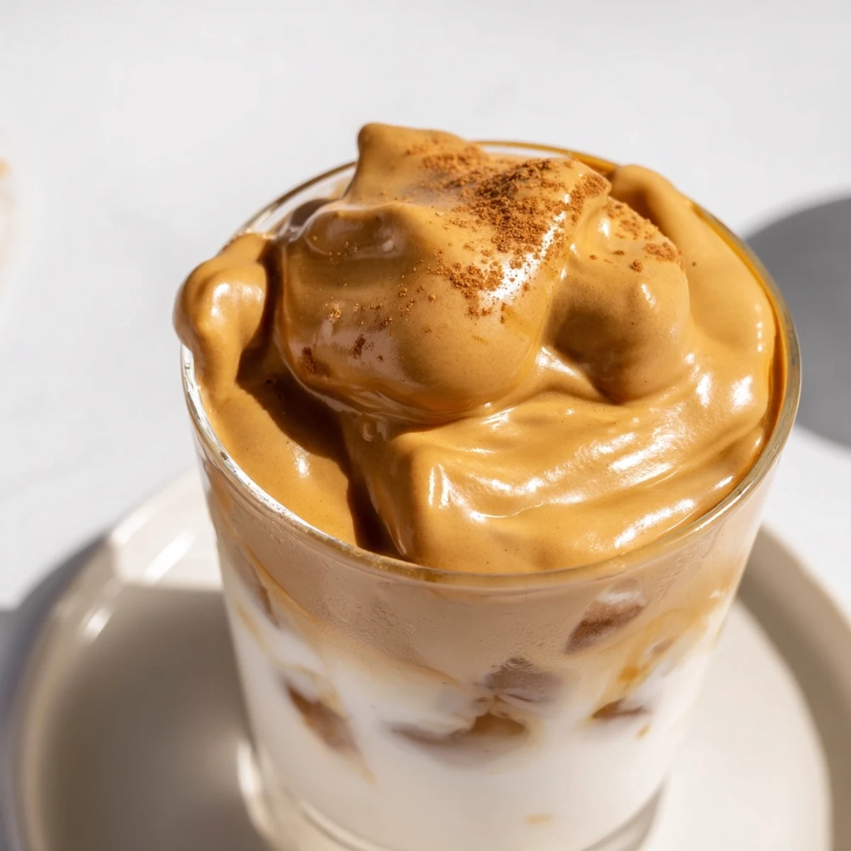 Frothy whipped coffee forms a gorgeous layer atop milk in this decadent brown sugar Dalgona latte.