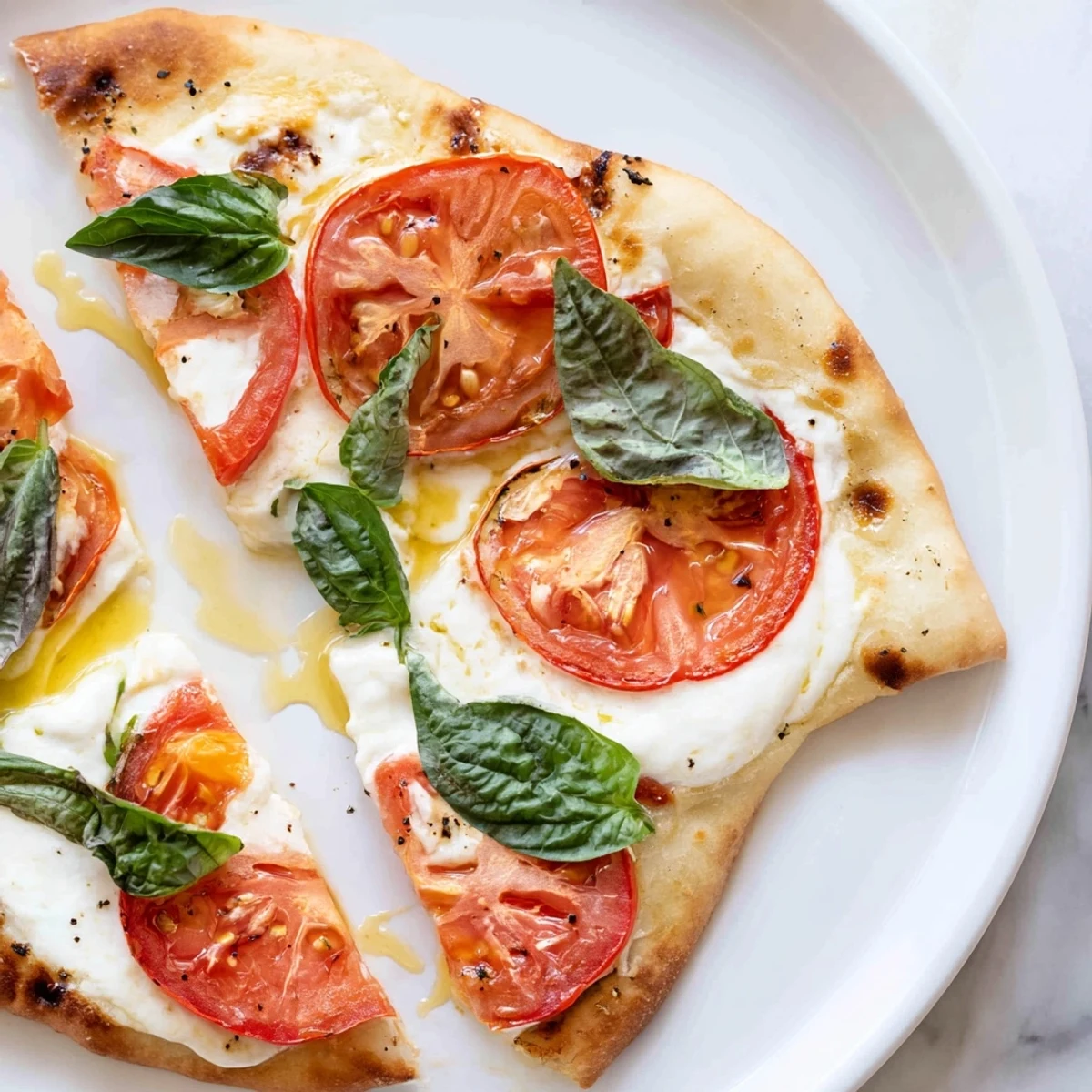 Quick Margherita Naan Pizza with melted mozzarella, ripe tomatoes, and fresh basil, a delicious meal.