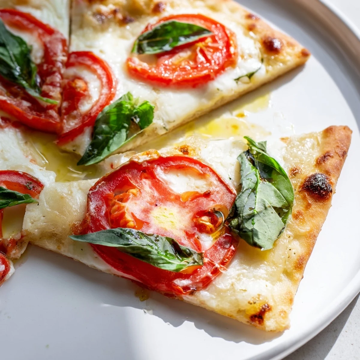 Freshly baked Quick Margherita Naan Pizza, drizzled with olive oil, ready for a flavorful, Indian-Italian fusion.