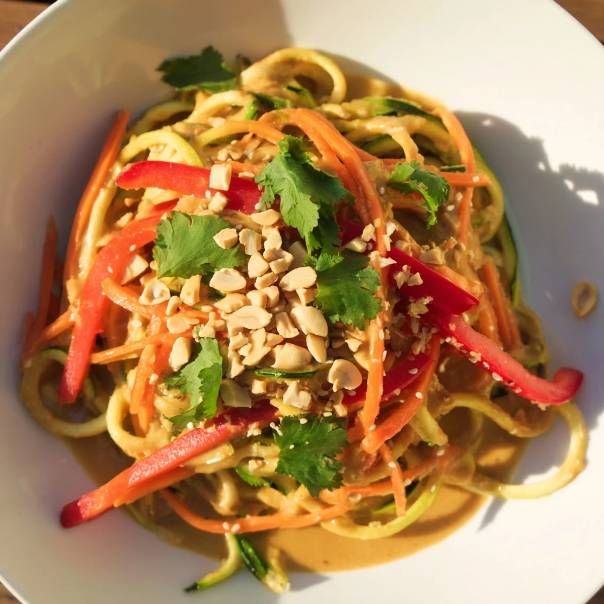 Creamy peanut sauce coats the zucchini noodles in this delicious Zesty Peanut Zucchini Noodles recipe.