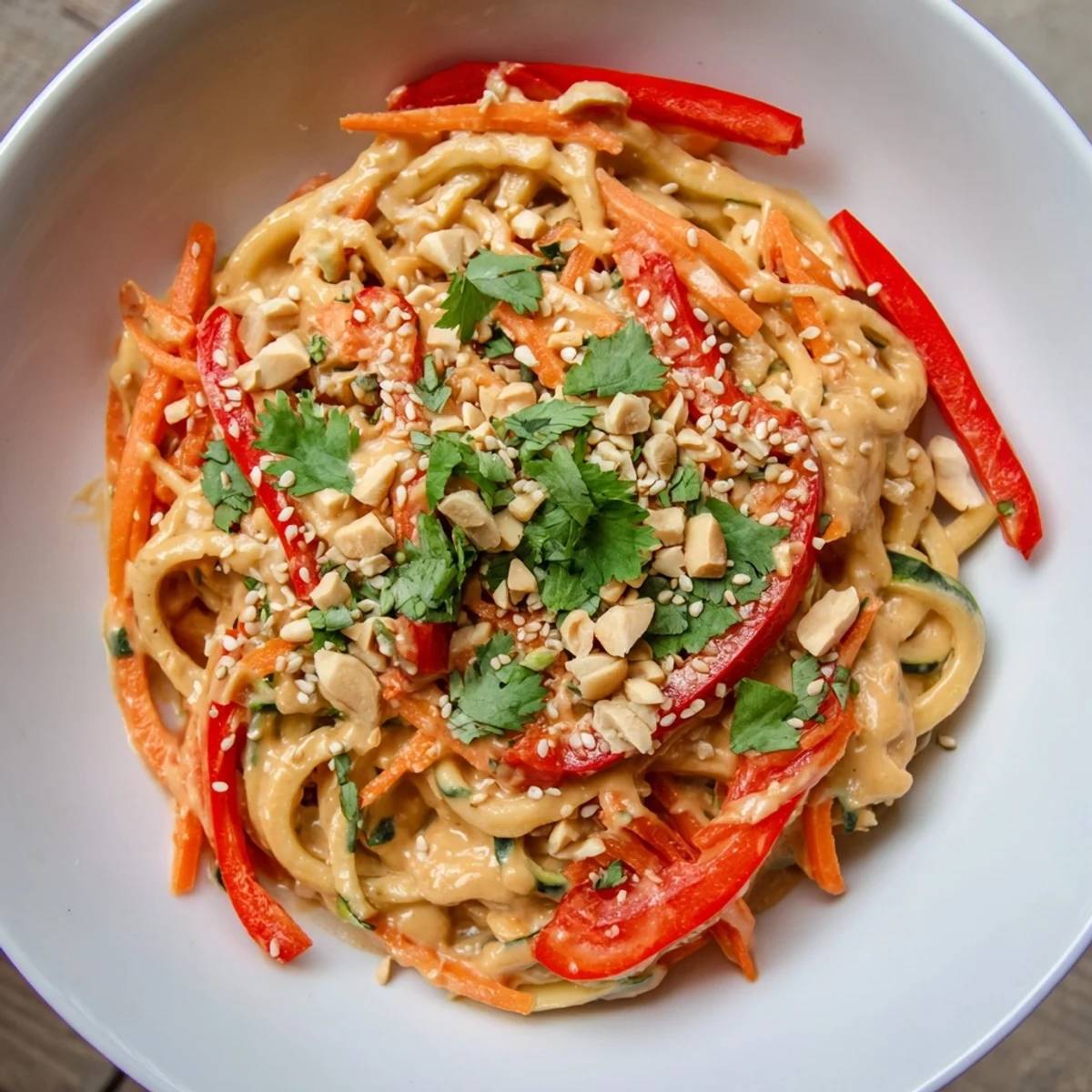 Vibrant Zesty Peanut Zucchini Noodles, a colorful and refreshing salad bursting with flavor.