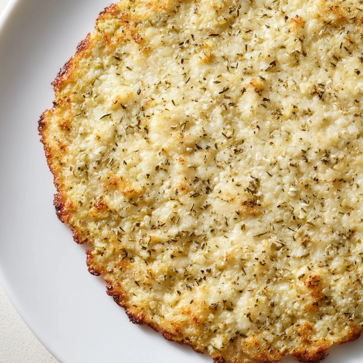 Golden, crispy cauliflower pizza crust ready for toppings, a healthy, low-carb treat.