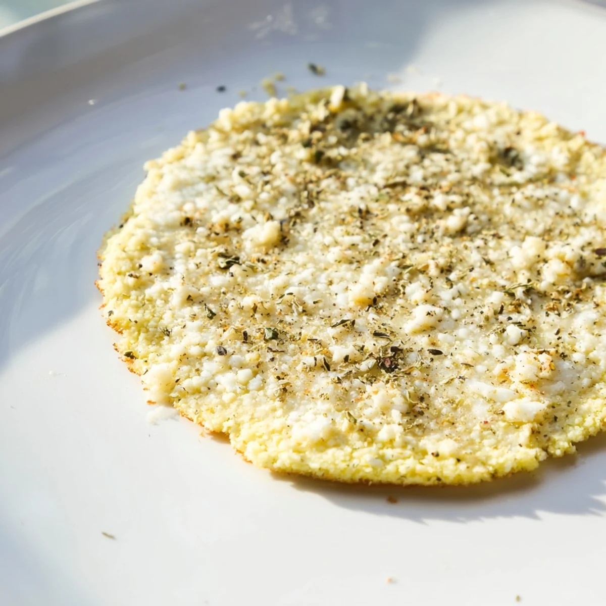 A close-up of a bubbling, cheesy cauliflower pizza crust fresh from the oven, ready to eat.