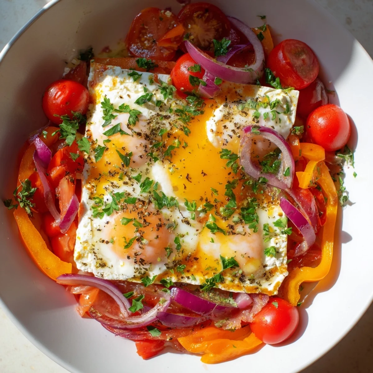 Mediterranean Baked Feta & Eggs: A close-up of a bubbling, aromatic tomato feta egg bake, ready to serve.