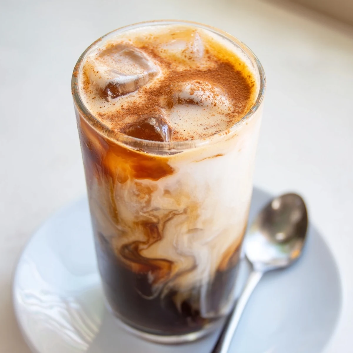 A tall glass shows our rich Iced Brown Sugar Oat Latte, its creamy oat milk swirled beautifully.