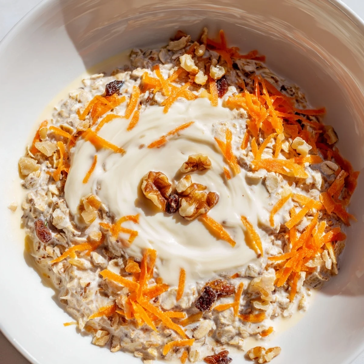 A beautifully layered jar of Carrot Cake Overnight Oats, perfect for a quick, healthy breakfast.