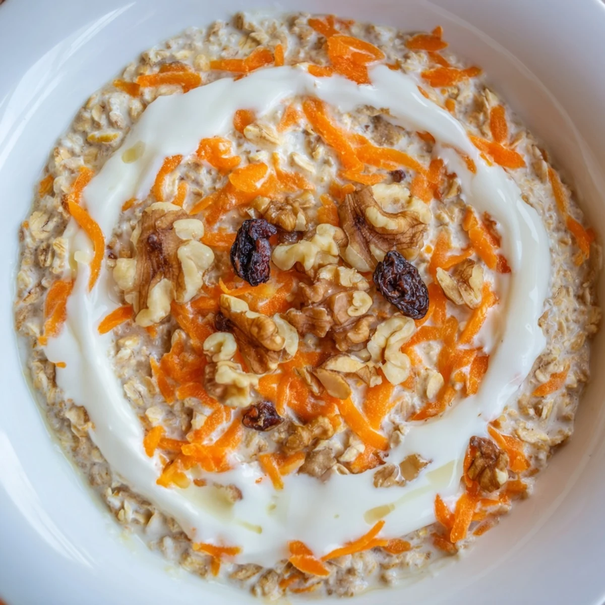 Imagine a vibrant photo of Carrot Cake Overnight Oats, ready to eat with toppings on top.