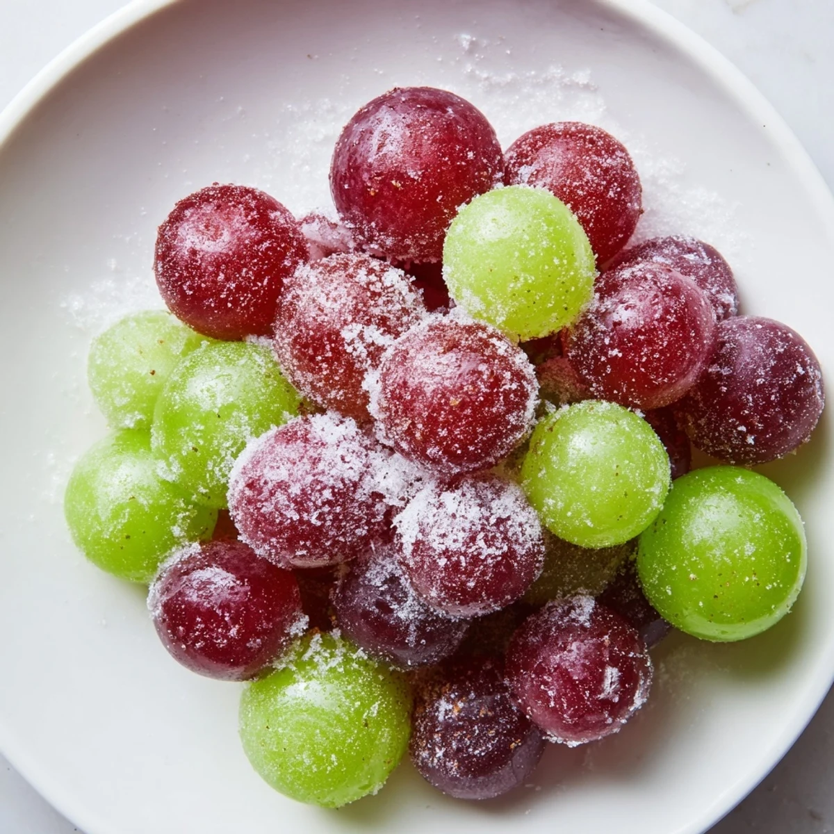 Close-up of icy frozen grapes, a refreshing American snack treat bursting with sweetness.