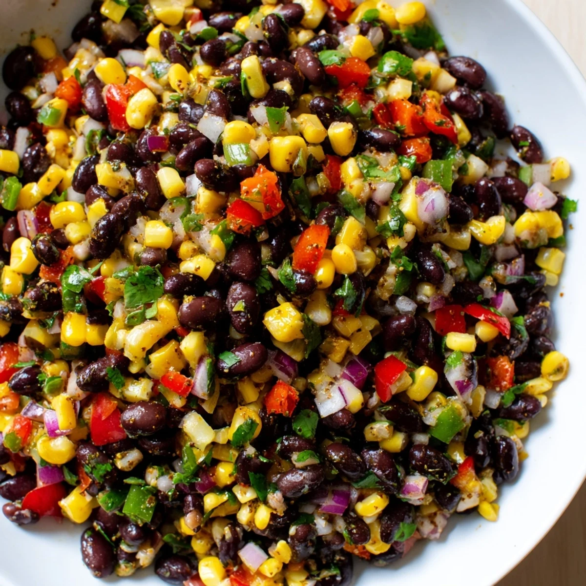 Vibrant Cowboy Caviar Salad glistening with lime vinaigrette, ready to serve as a cool side.