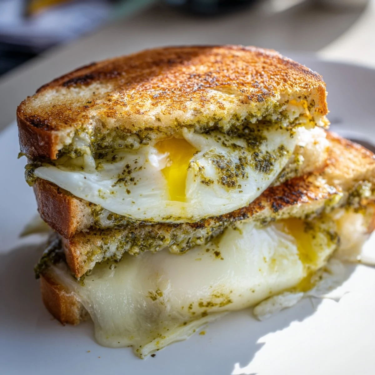 Pesto Egg Grilled Cheese with oozy cheese and golden bread, ready to enjoy at lunchtime.