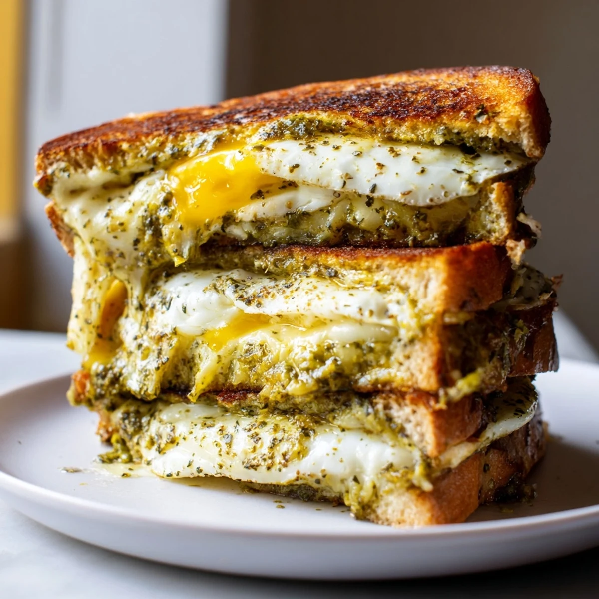 A close-up of a Pesto Egg Grilled Cheese, showcasing melted cheese and a vibrant, green pesto egg.