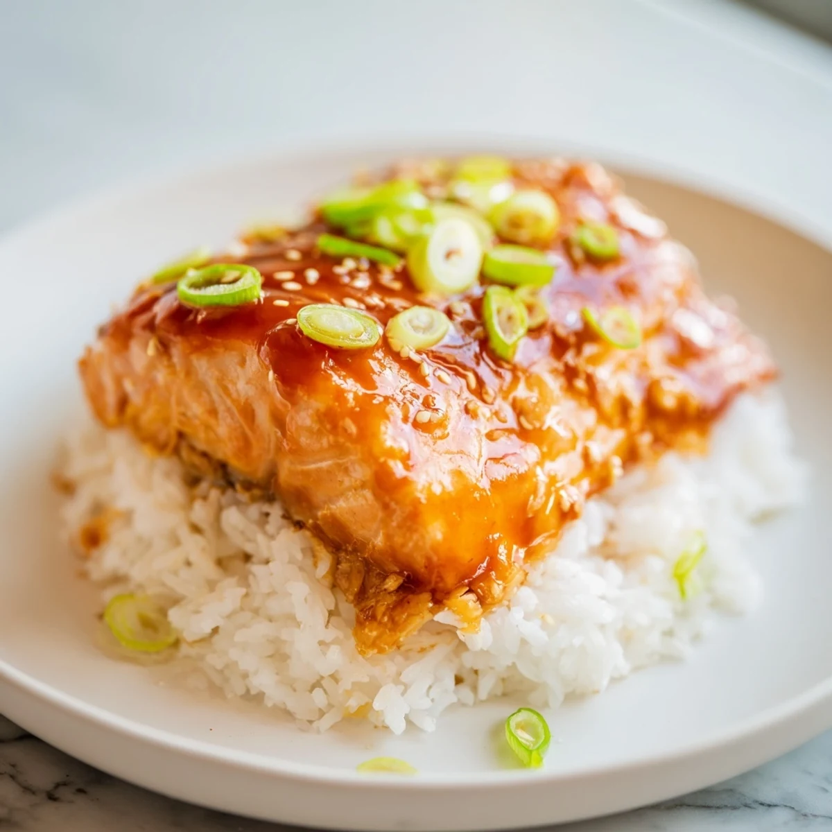 Mouthwatering close-up of Sticky Orange Salmon, served over fragrant rice with a garnish, ready to enjoy.