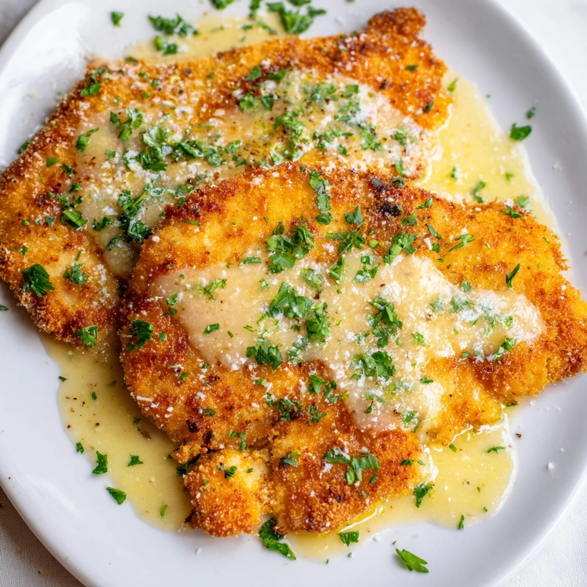 Golden, crispy chicken with garlic cream sauce glistening atop the perfectly cooked chicken.
