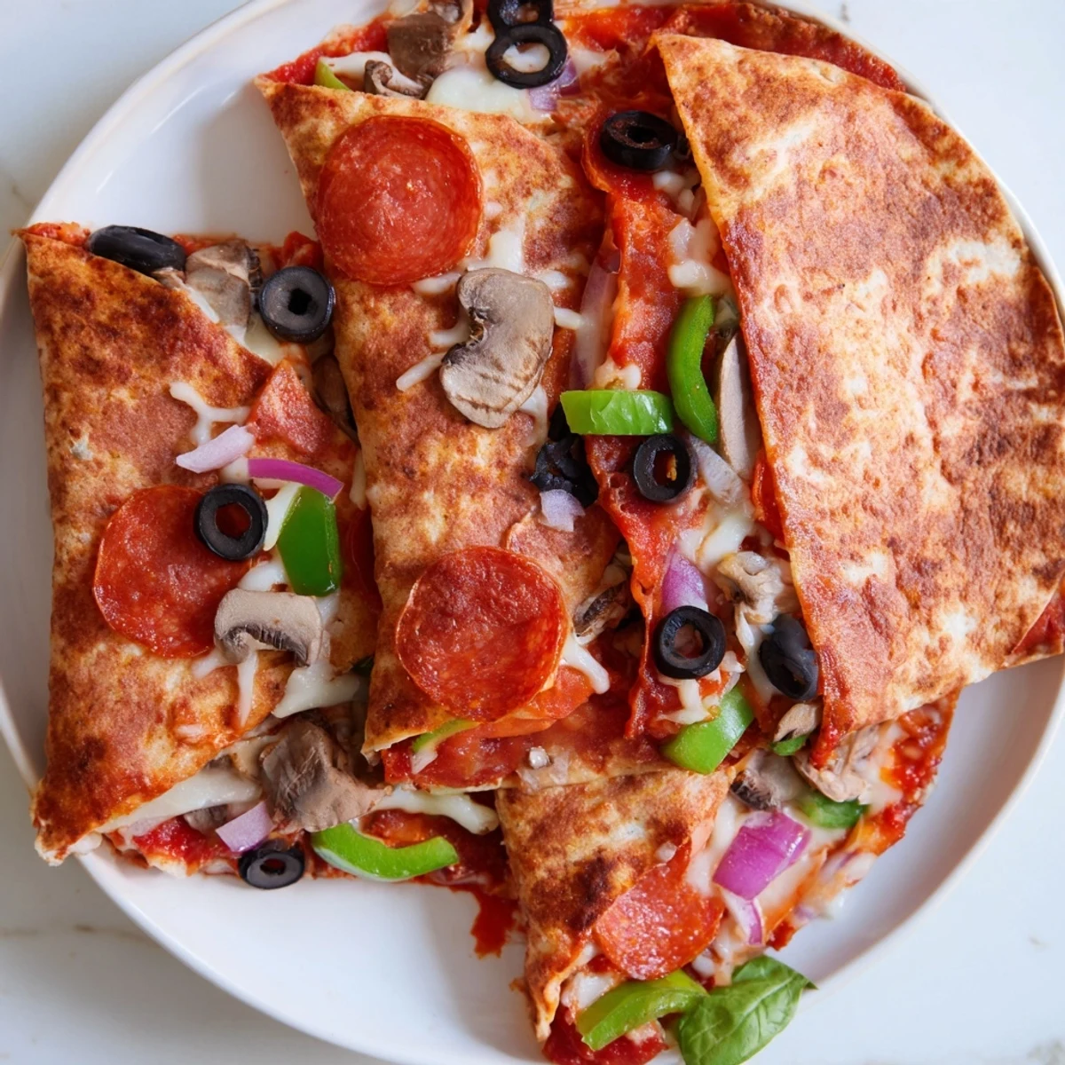 Tortilla pizza wrap, a folded tortilla filled with bubbly cheese, pepperoni, and a rich sauce.