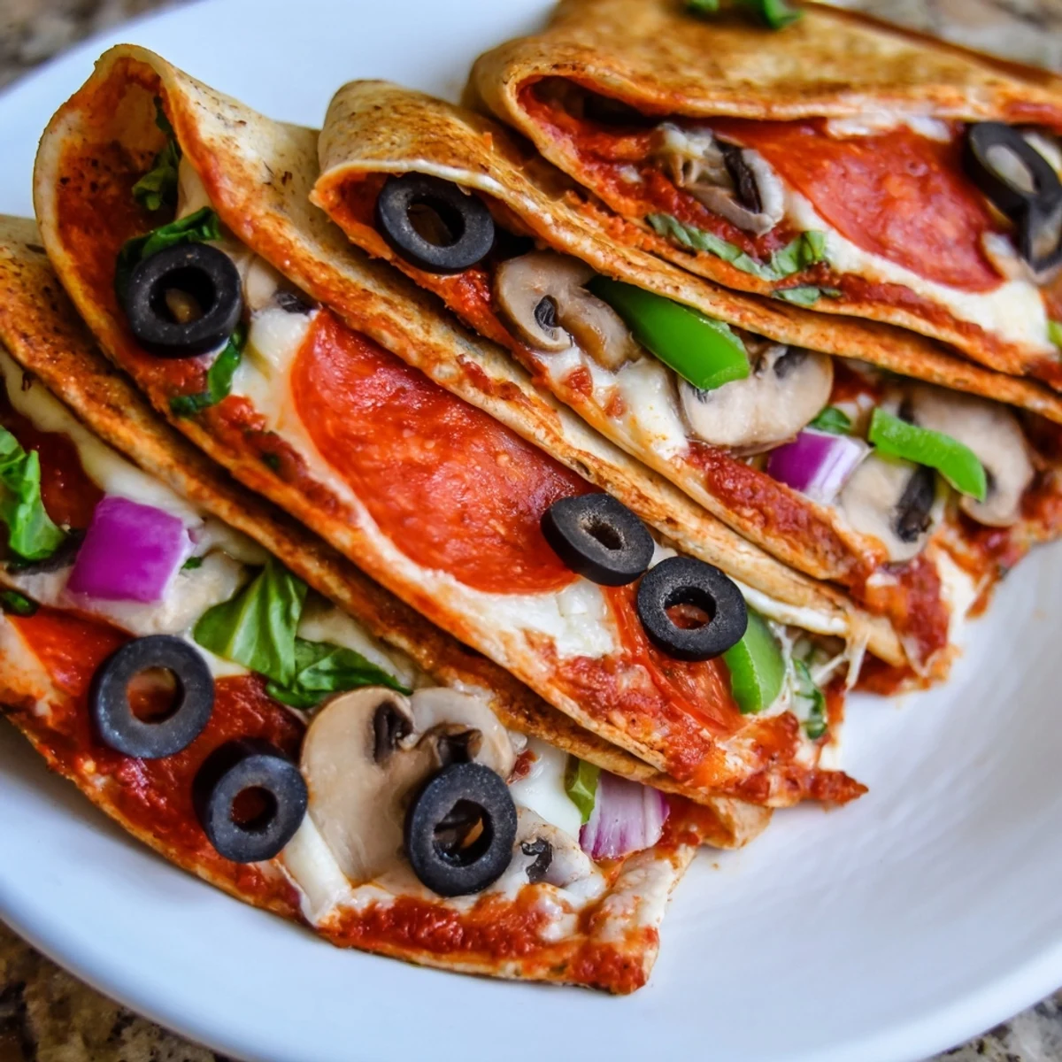 Golden, melty tortilla pizza wrap, oozing cheese, alongside fresh basil sprigs for garnish.