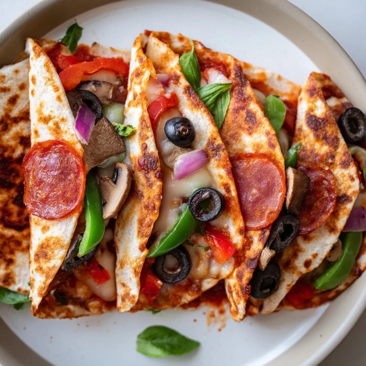 Freshly made tortilla pizza wrap, showcasing a crispy exterior and delicious pizza toppings.
