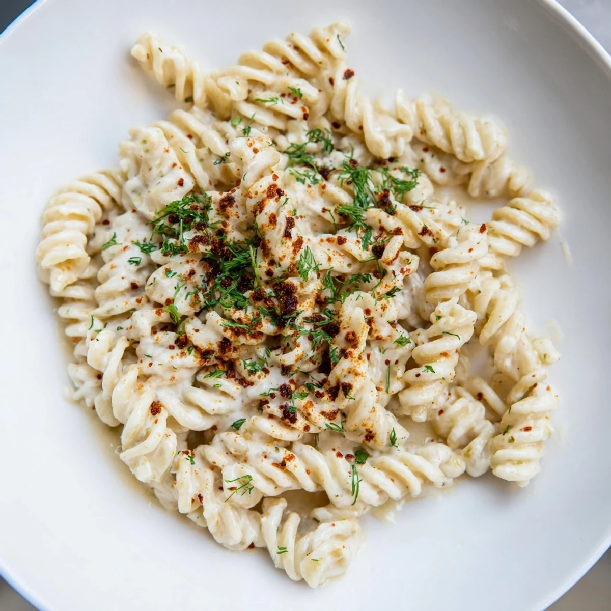 A vibrant close-up of Turkish Yogurt Pasta, the creamy sauce coating the perfectly cooked pasta.