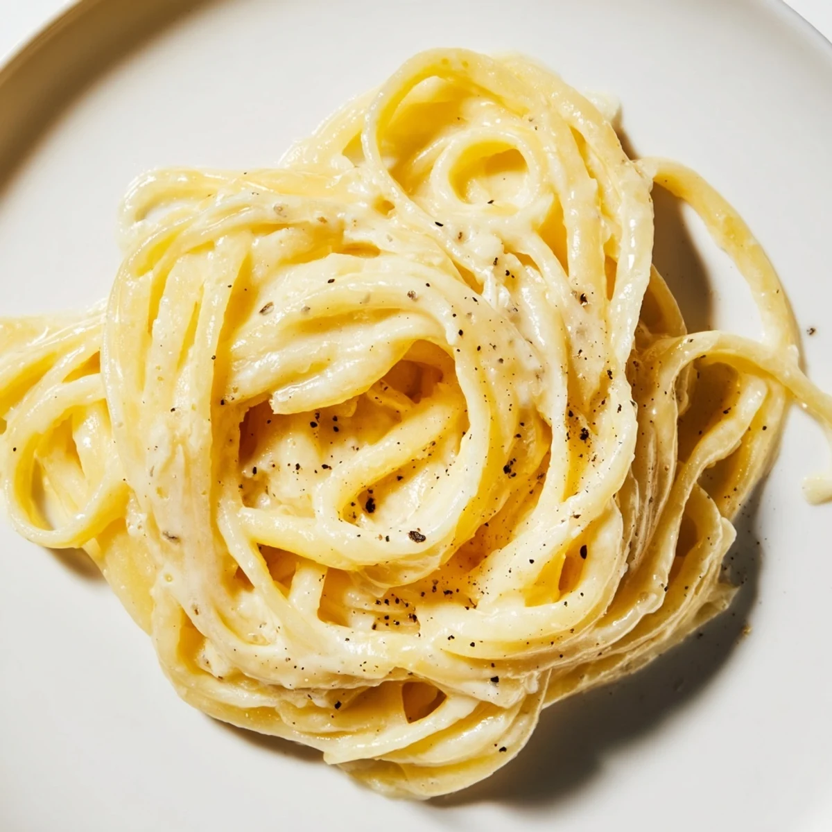 Steaming hot Lazy Girl Three-Ingredient Pasta coated in a rich, creamy Parmesan sauce, ready to serve.